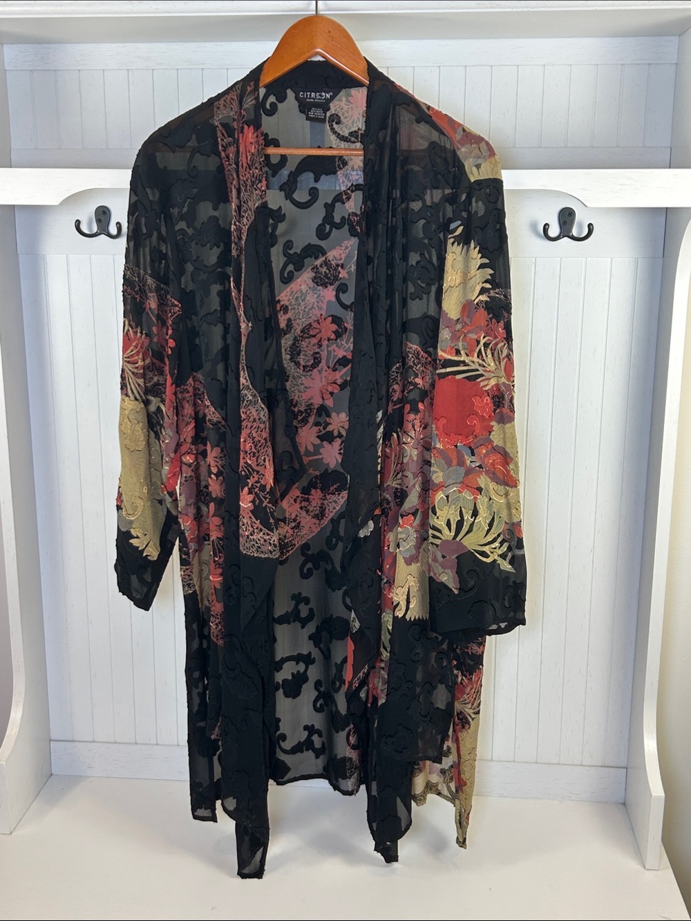Citron Asian Scenic Print Burnout Velvet Duster Jacket